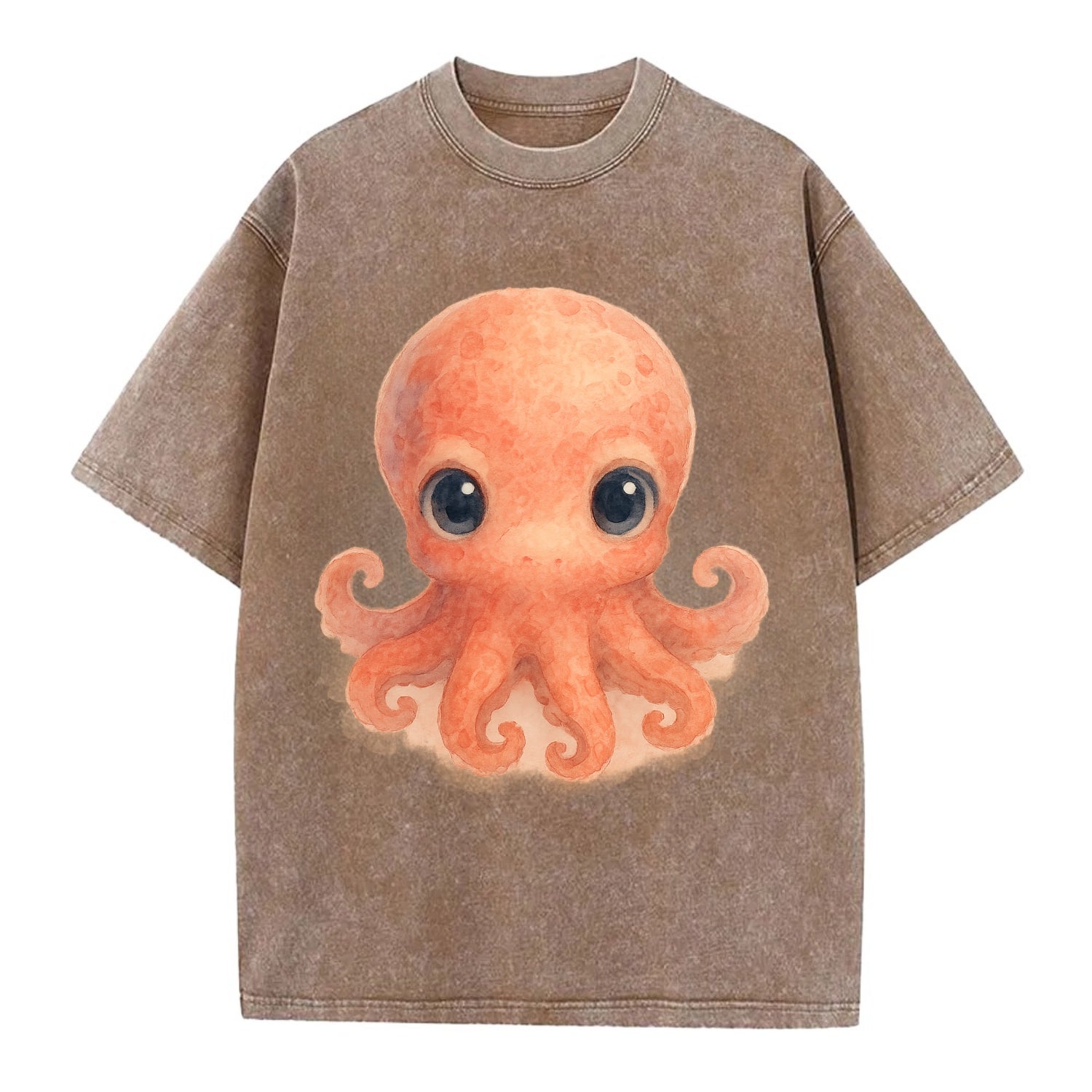 Baby Octopus - red-orange, eight tiny tentacles curled, large intelligent eyes, - Vintage T-shirt - Brown