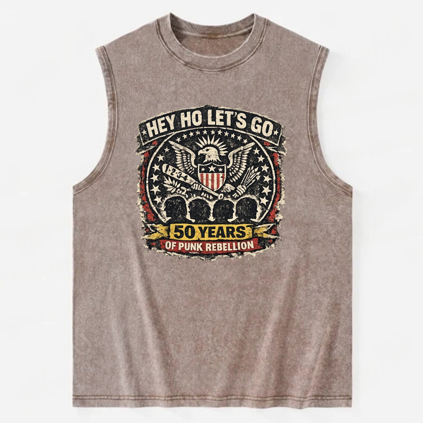 RAMONES LEGACY | Hey Ho Let's Go typography | Presidential seal parody | Four - Vintage Washed Tank - Brown