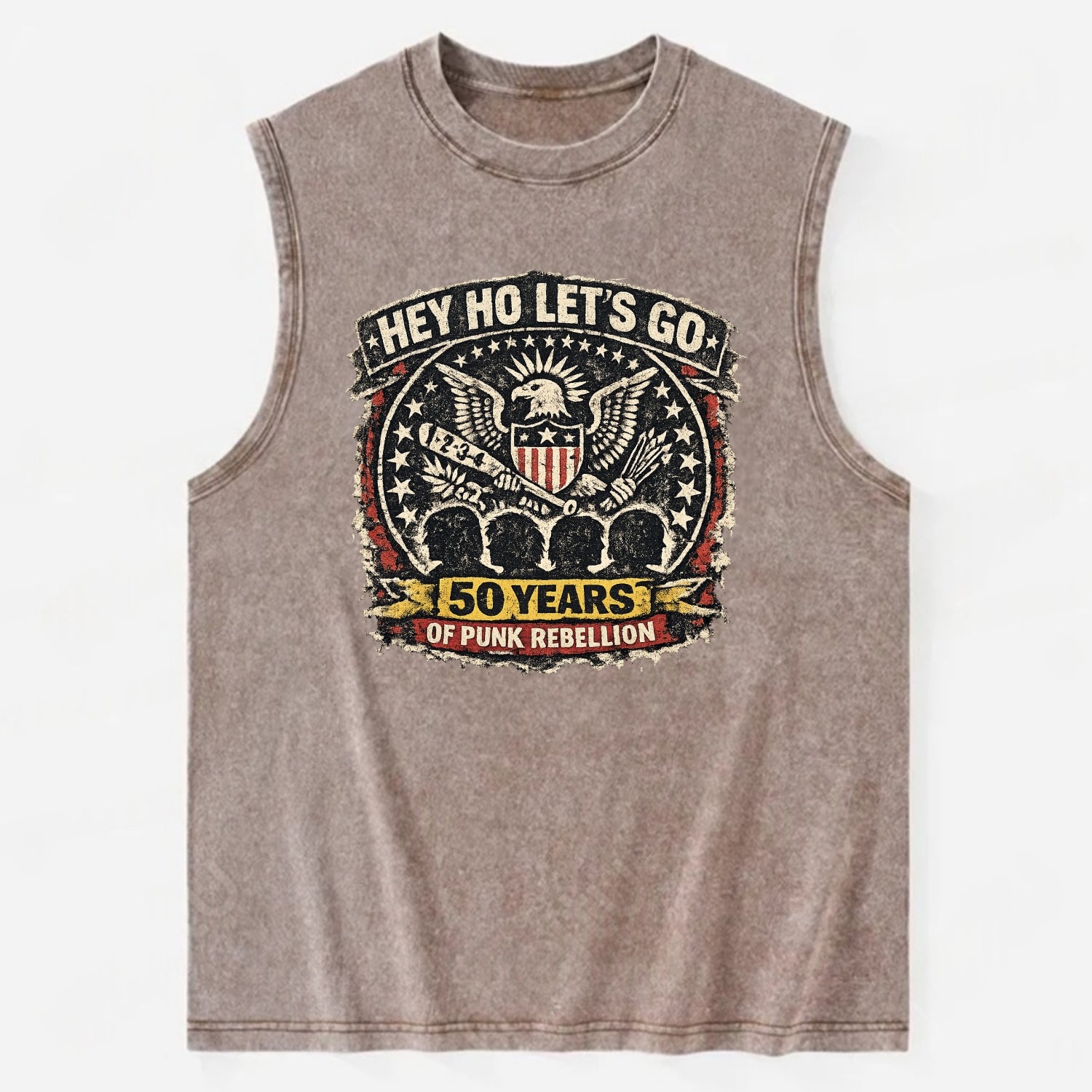 RAMONES LEGACY | Hey Ho Let's Go typography | Presidential seal parody | Four - Vintage Washed Tank - Brown