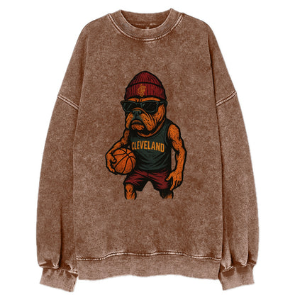 Cleveland Bulldog wearing Cavaliers wine and gold beanie with sword patch and - Vintage Sweatshirt - Brown