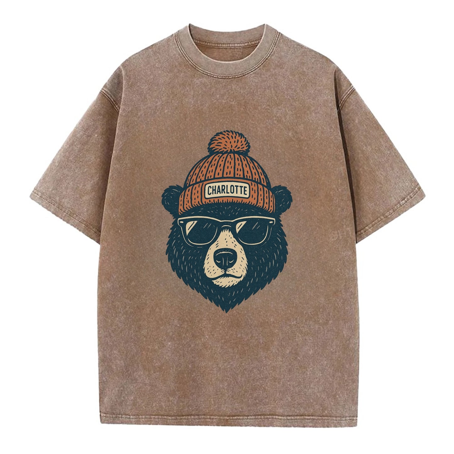 North Carolina Black Bear wearing Charlotte beanie with pom pom and wayfarer - Vintage T-shirt - Brown