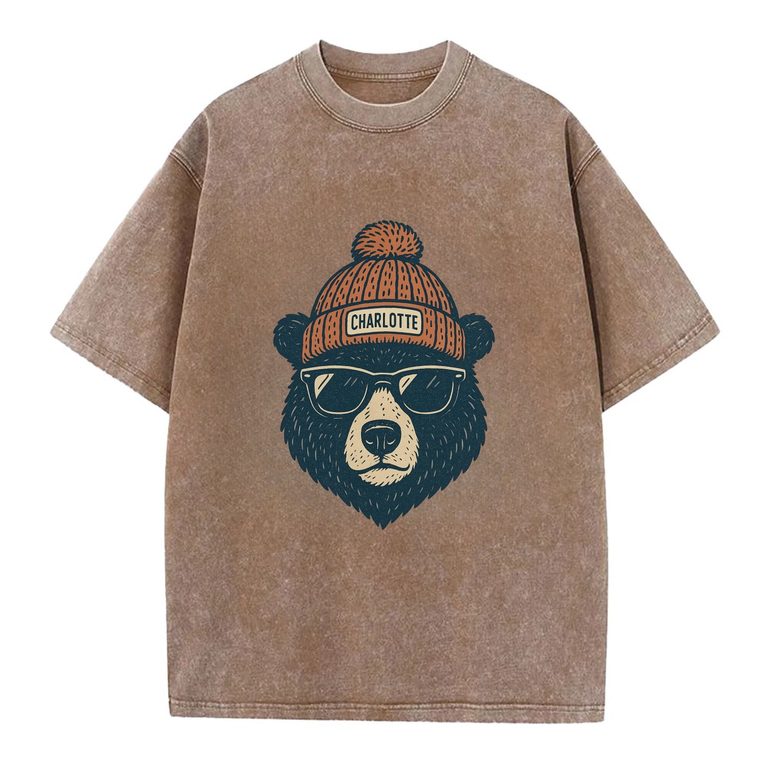 North Carolina Black Bear wearing Charlotte beanie with pom pom and wayfarer - Vintage T-shirt - Brown