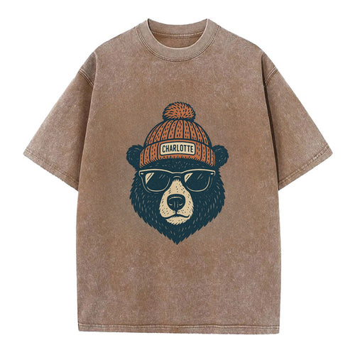 North Carolina Black Bear wearing Charlotte beanie with pom pom and wayfarer - Vintage T-shirt