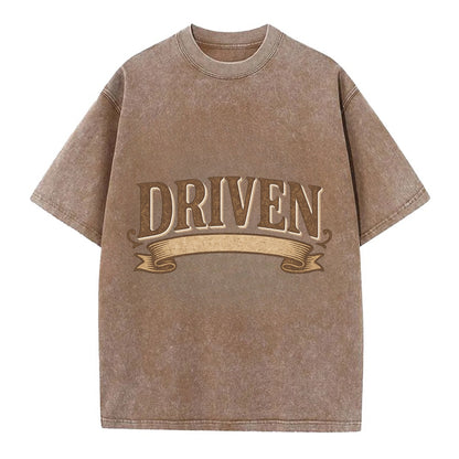 Bold typography design - "DRIVEN" - motivated, focused on goals - Vintage T-shirt - Brown