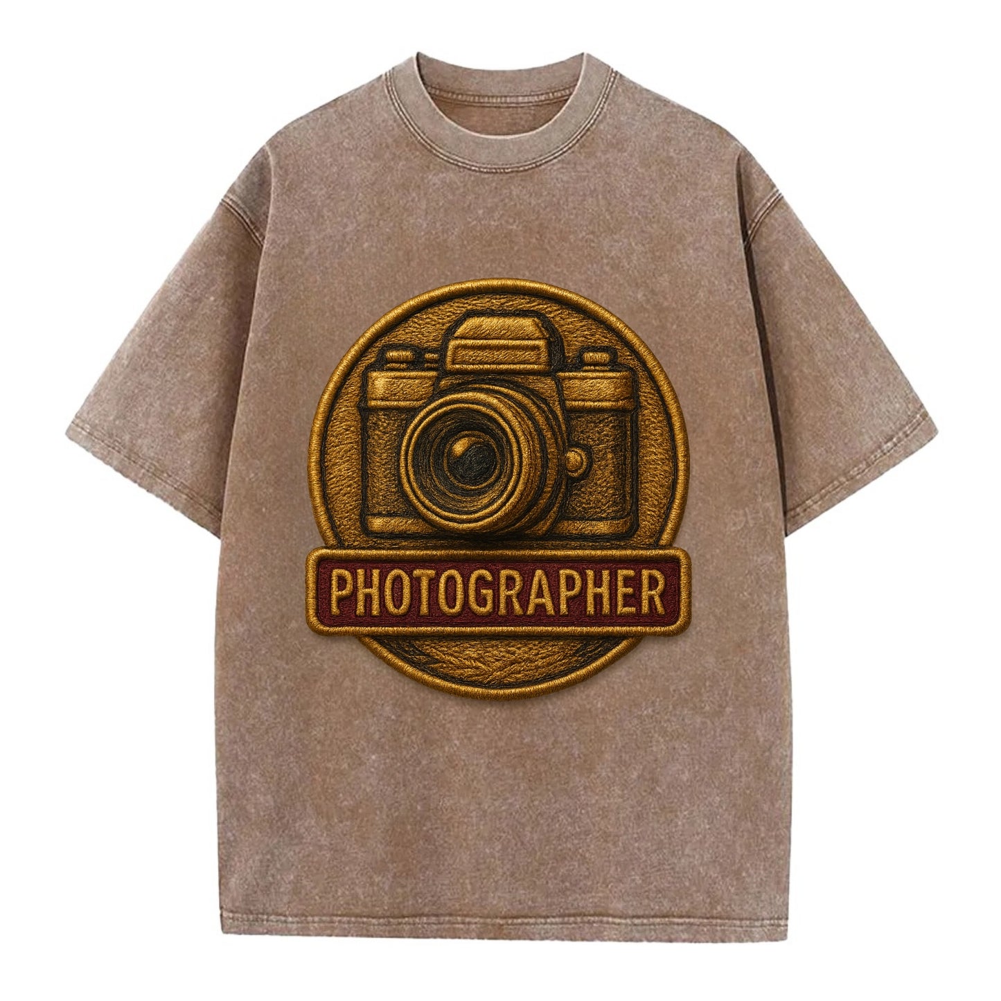 Camera with vintage lens - photographer badge - Vintage T-shirt - Brown