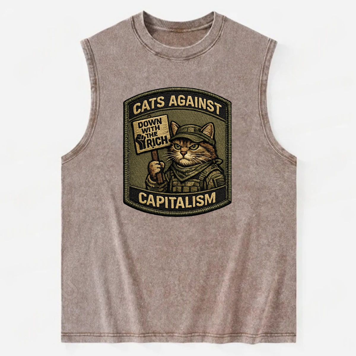 CATS AGAINST CAPITALISM - cat with protest sign in red , political cat - Vintage Washed Tank - Brown