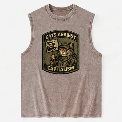CATS AGAINST CAPITALISM - cat with protest sign in red , political cat - Vintage Washed Tank - Brown