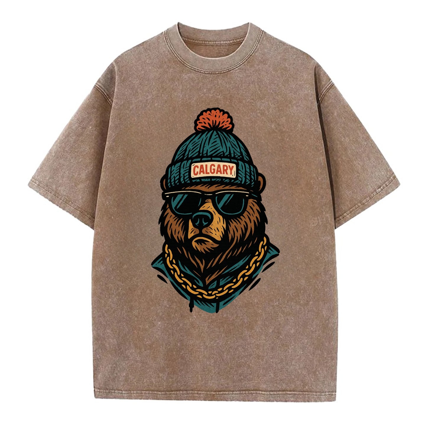 Calgary Grizzly Bear wearing Calgary beanie with pom pom and wayfarer sunglasses - Vintage T-shirt - Brown