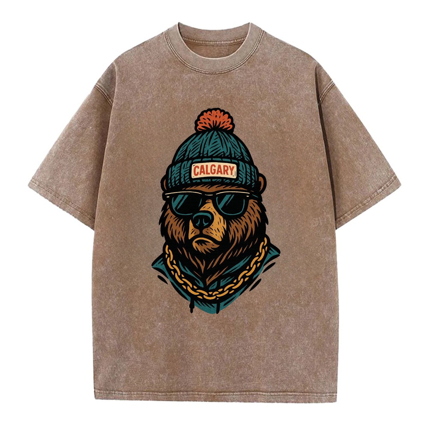 Calgary Grizzly Bear wearing Calgary beanie with pom pom and wayfarer sunglasses - Vintage T-shirt - Brown