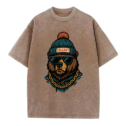Calgary Grizzly Bear wearing Calgary beanie with pom pom and wayfarer sunglasses - Vintage T-shirt - Brown