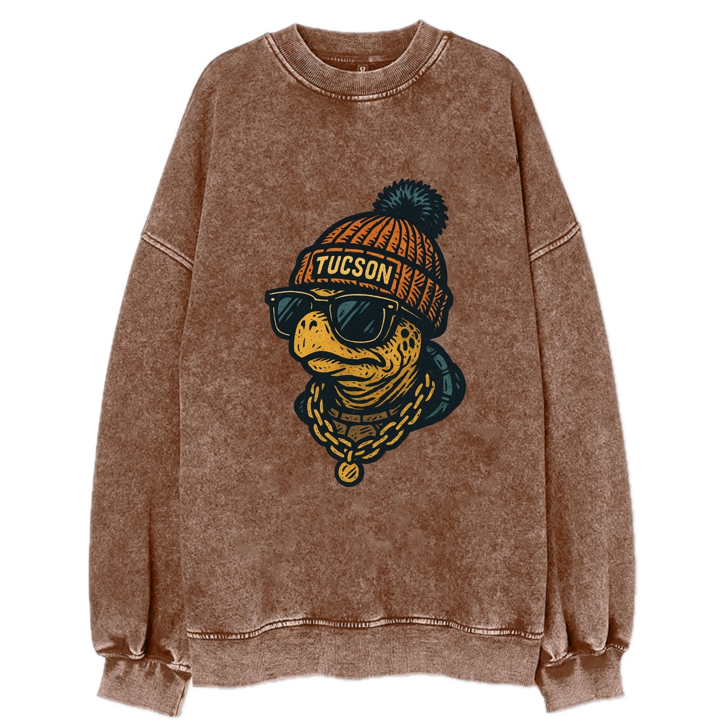 Tucson Desert Tortoise wearing Tucson beanie with pom pom and wayfarer - Vintage Sweatshirt - Brown
