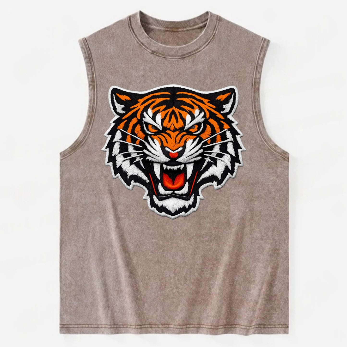 TIGER STRIPES FACE - fierce tiger face in orange, black and white , predator - Vintage Washed Tank - Brown