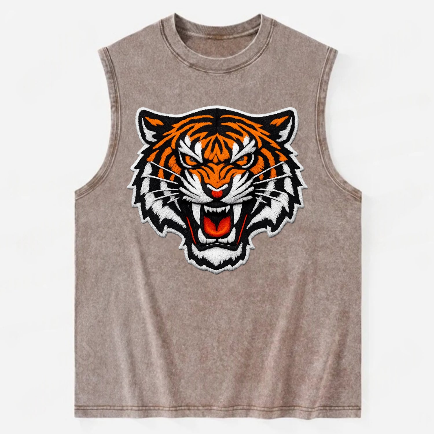 TIGER STRIPES FACE - fierce tiger face in orange, black and white , predator - Vintage Washed Tank - Brown