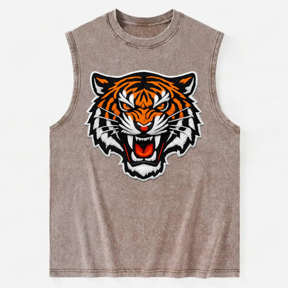 TIGER STRIPES FACE - fierce tiger face in orange, black and white , predator - Vintage Washed Tank - Brown