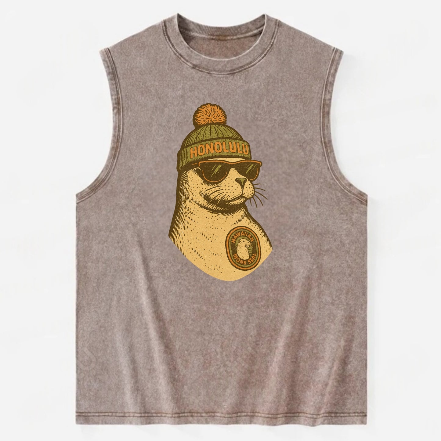 Hawaii Monk Seal wearing Honolulu beanie with pom pom and wayfarer sunglasses - Vintage Washed Tank - Brown