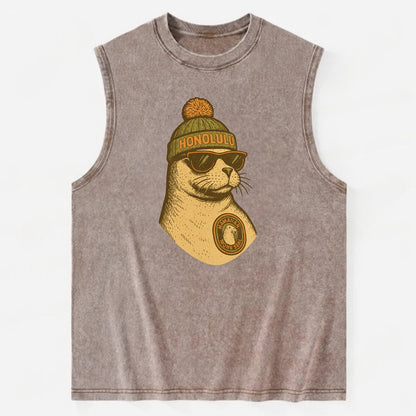 Hawaii Monk Seal wearing Honolulu beanie with pom pom and wayfarer sunglasses - Vintage Washed Tank - Brown