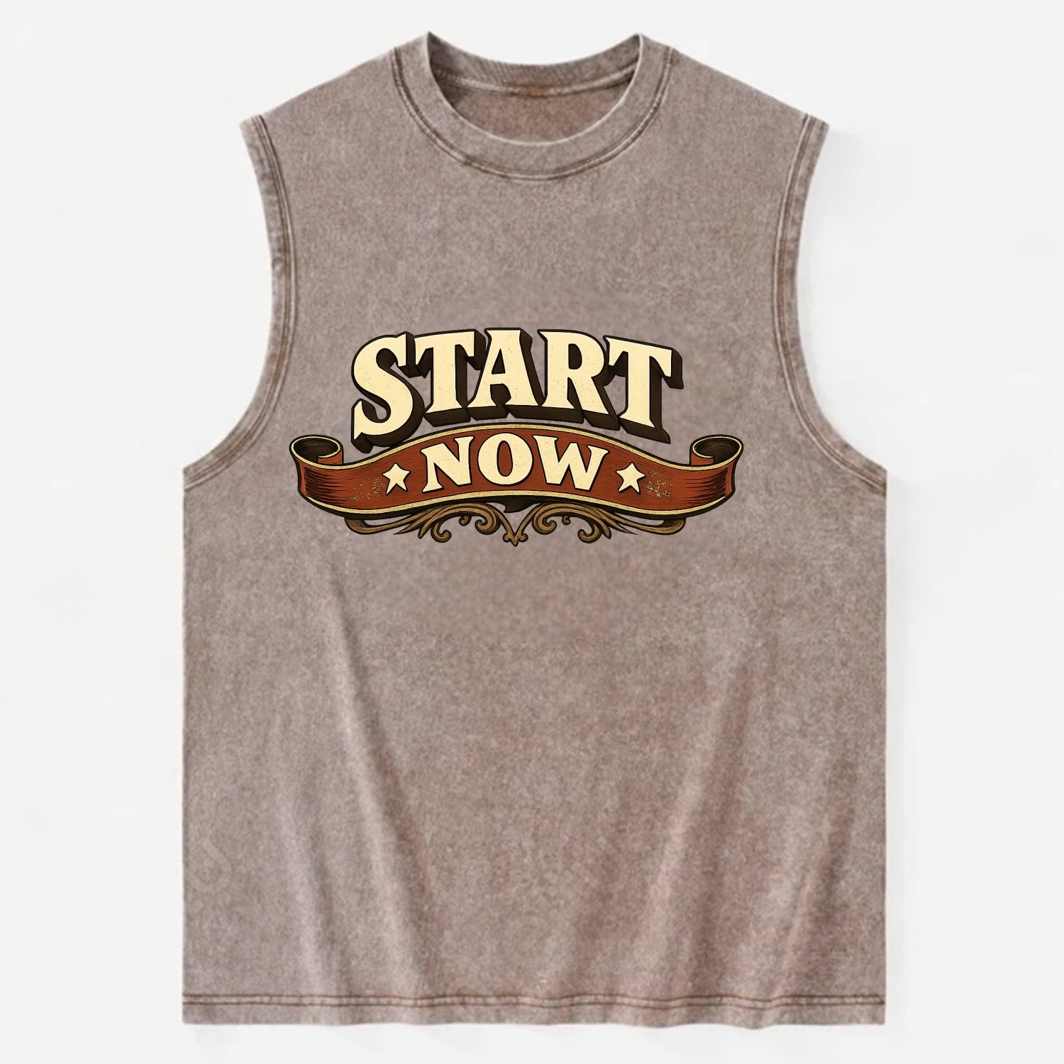 Bold typography design - "START NOW" - begin immediately, no delay - Vintage Washed Tank - Brown