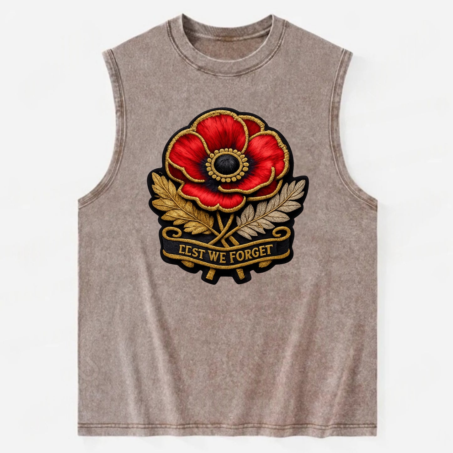 MEMORIAL POPPY - red poppy flower in scarlet , remembrance - Vintage Washed Tank - Brown
