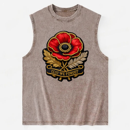 MEMORIAL POPPY - red poppy flower in scarlet , remembrance - Vintage Washed Tank - Brown