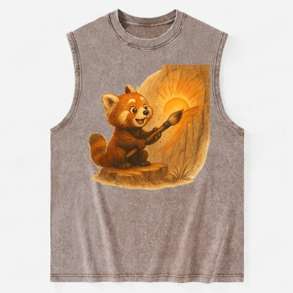 Red panda painting a sunrise mural with an oversized calligraphy brush on a - Vintage Washed Tank - Brown