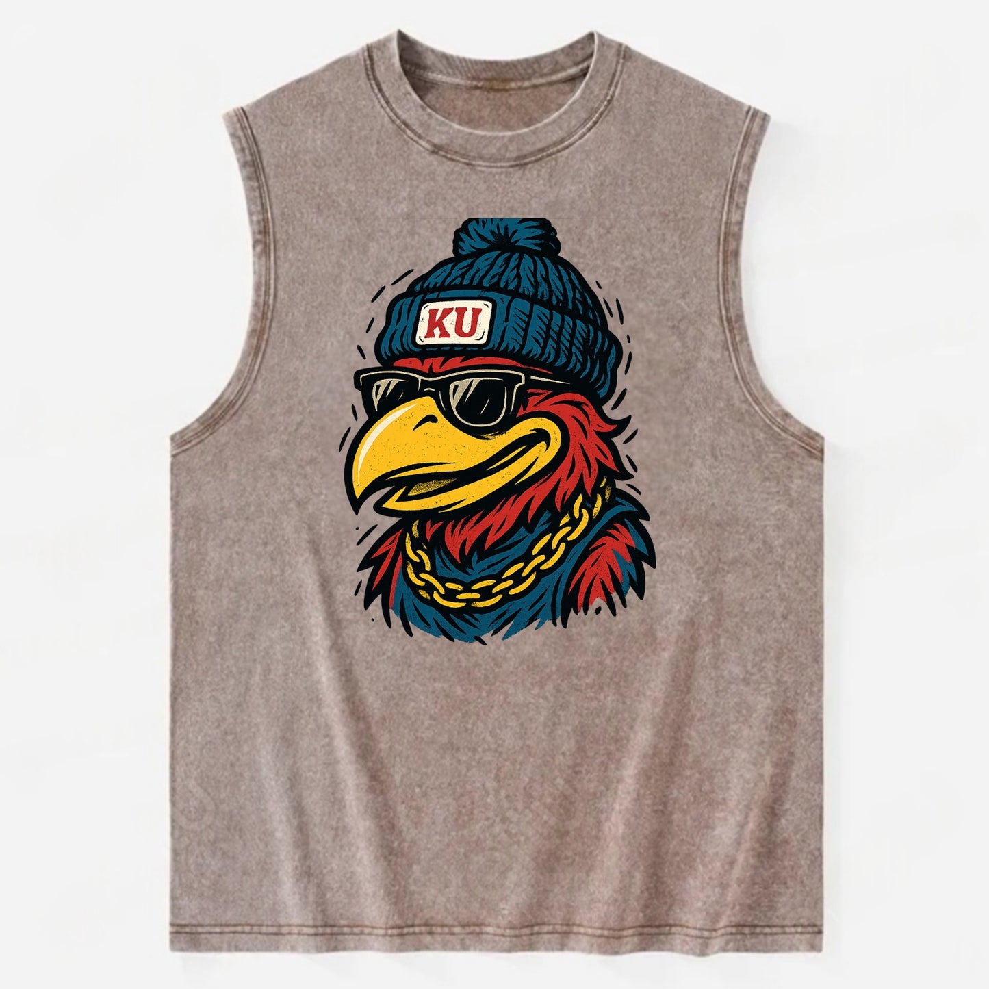 Lawrence Jayhawk wearing Kansas beanie with KU patch - Vintage Washed Tank - Brown