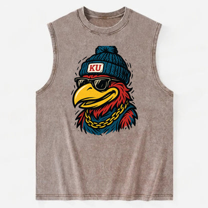 Lawrence Jayhawk wearing Kansas beanie with KU patch - Vintage Washed Tank - Brown