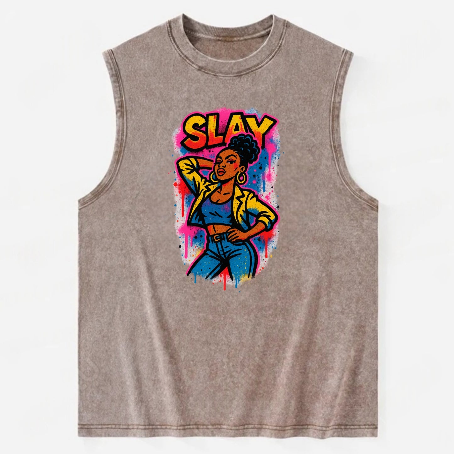 Empowered figure striking confident pose - "slay" culture, fierce and - Vintage Washed Tank - Brown