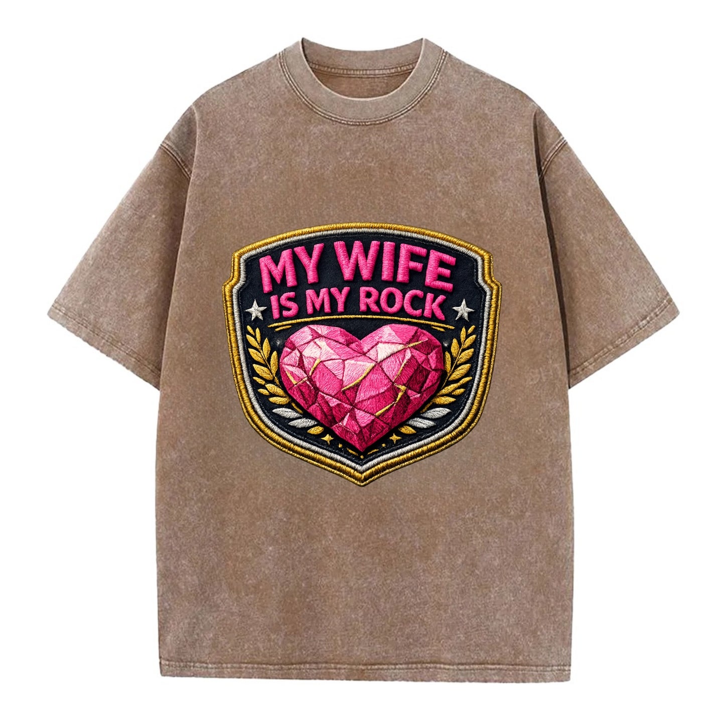 MY WIFE IS MY ROCK - pink rock heart - pink - solid wife - Vintage T-shirt - Brown