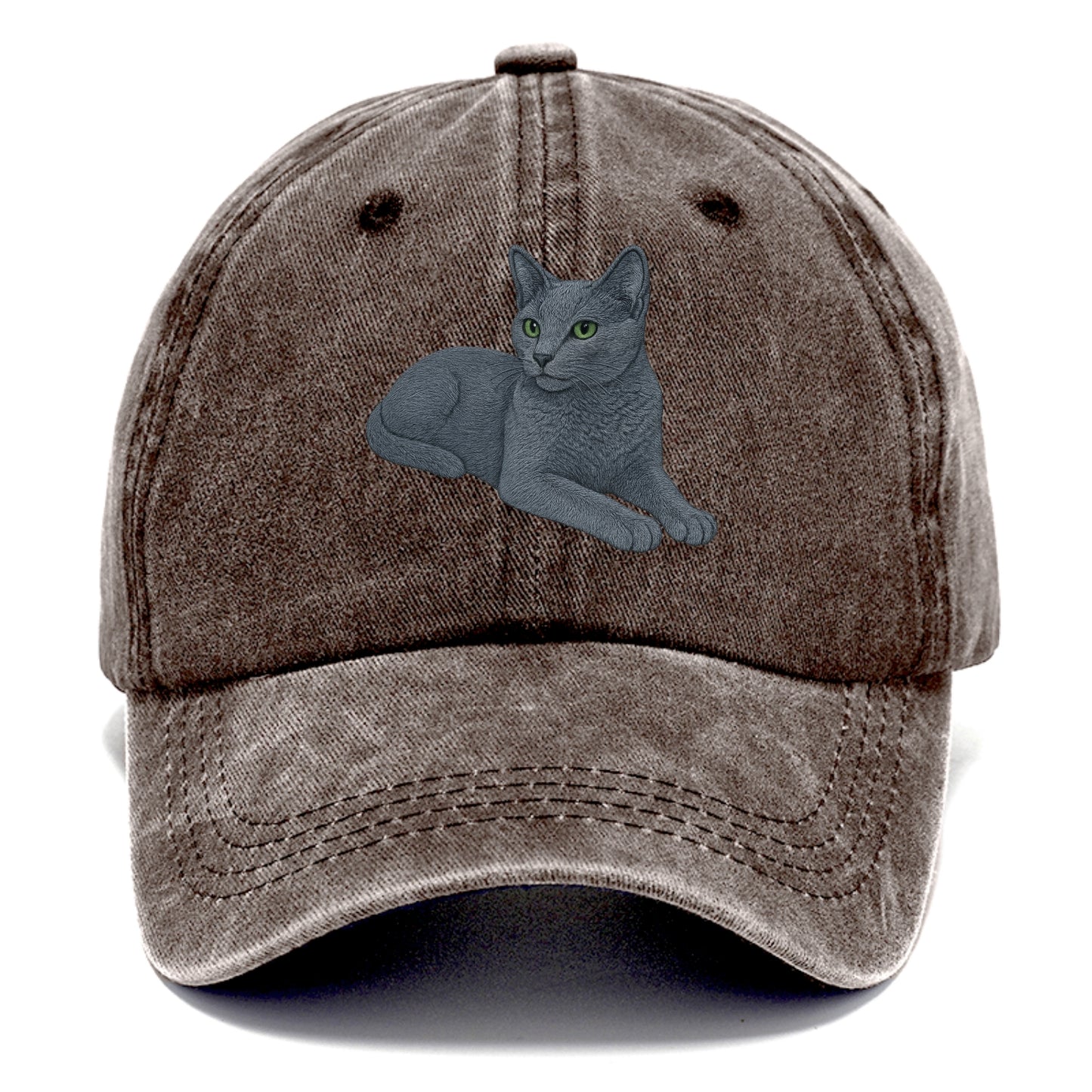 Russian Blue  relaxed lying down with he Classic Cap - Brown