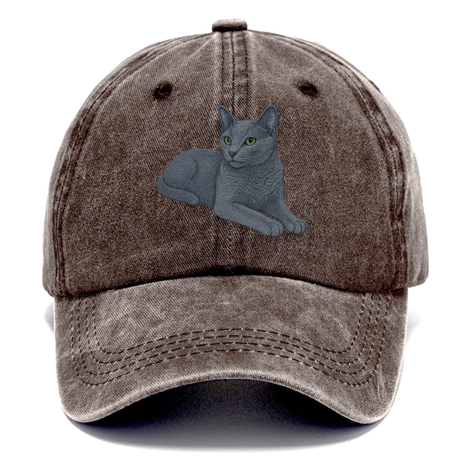 Russian Blue  relaxed lying down with he Classic Cap - Brown