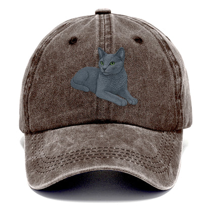 Russian Blue  relaxed lying down with he Classic Cap - Brown
