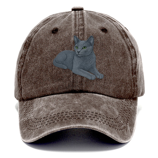 Russian Blue  relaxed lying down with he Classic Cap - Brown
