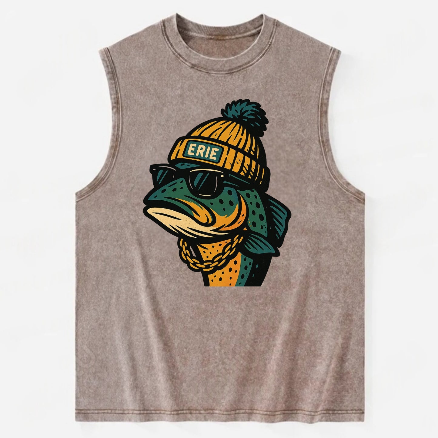 Erie Lake Trout wearing Erie beanie with pom pom and wayfarer sunglasses - Vintage Washed Tank - Brown