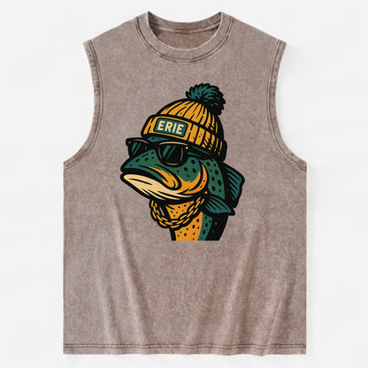 Erie Lake Trout wearing Erie beanie with pom pom and wayfarer sunglasses - Vintage Washed Tank - Brown