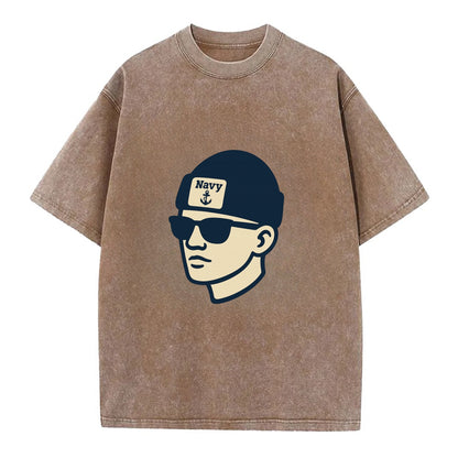 Annapolis Midshipman wearing Navy beanie with anchor patch - Vintage T-shirt - Brown