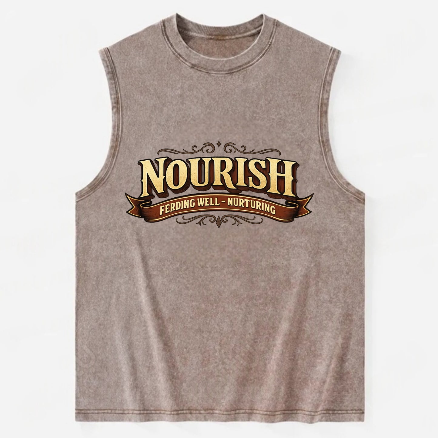 Bold typography design - "NOURISH" - feeding well, nurturing - Vintage Washed Tank - Brown