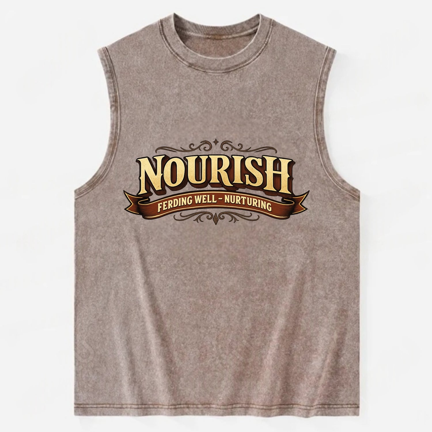Bold typography design - "NOURISH" - feeding well, nurturing - Vintage Washed Tank - Brown