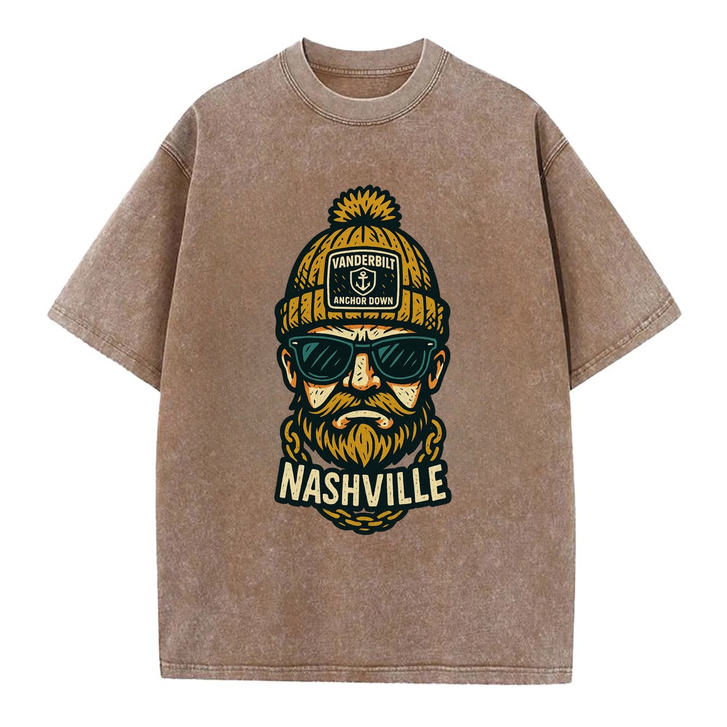 Nashville Commodore wearing Vanderbilt beanie with anchor patch - Vintage T-shirt - Brown