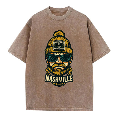Nashville Commodore wearing Vanderbilt beanie with anchor patch - Vintage T-shirt - Brown