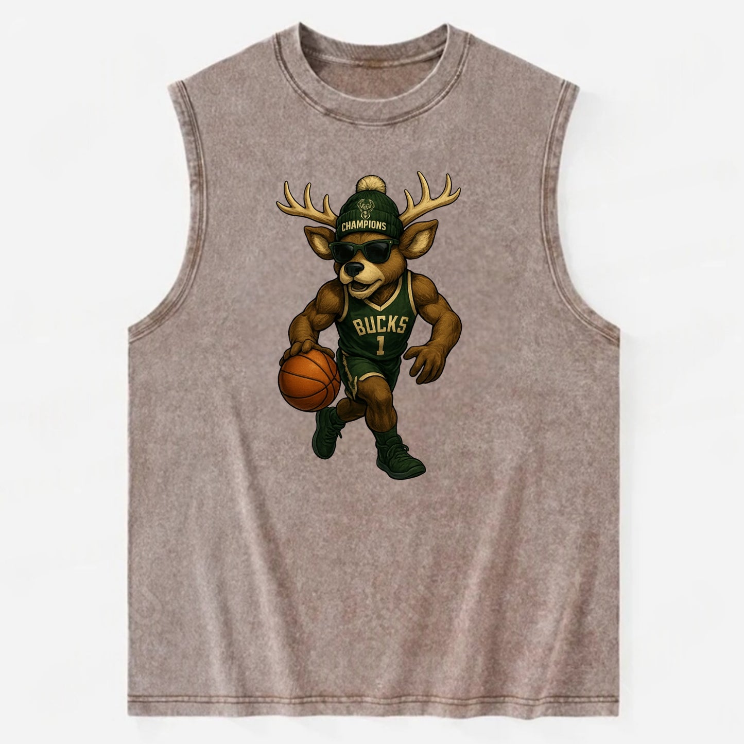 Milwaukee Buck Deer wearing Bucks green and cream beanie with antlers and - Vintage Washed Tank - Brown