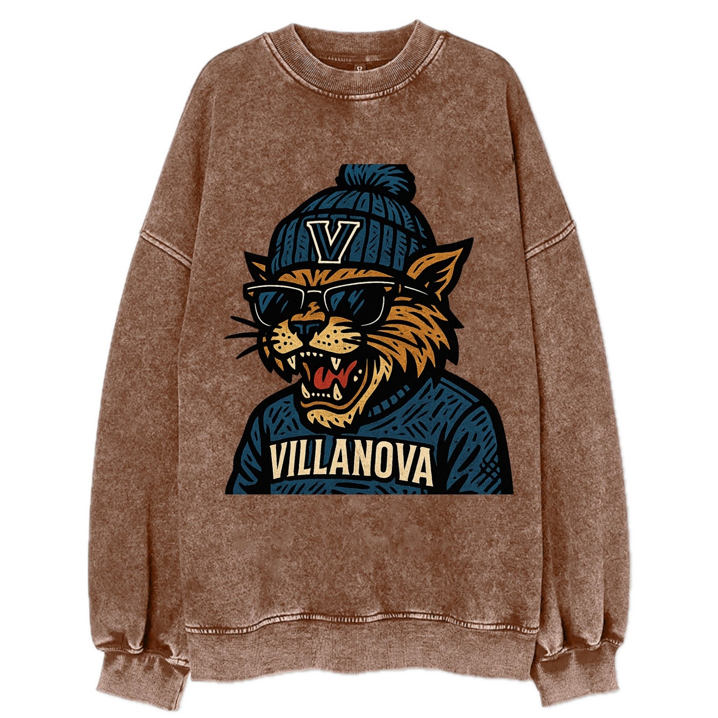 Villanova Wildcat wearing Villanova beanie with V patch - Vintage Sweatshirt - Brown