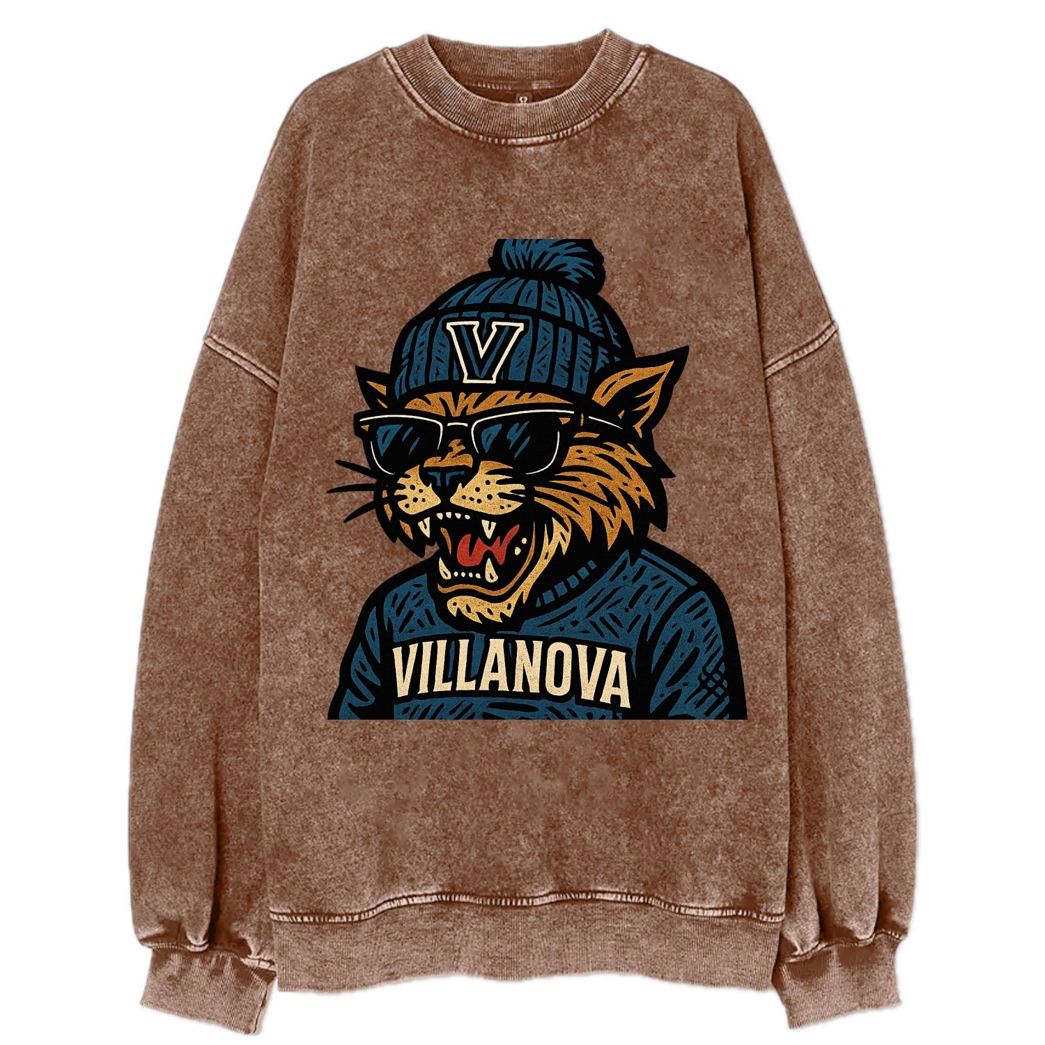 Villanova Wildcat wearing Villanova beanie with V patch - Vintage Sweatshirt - Brown