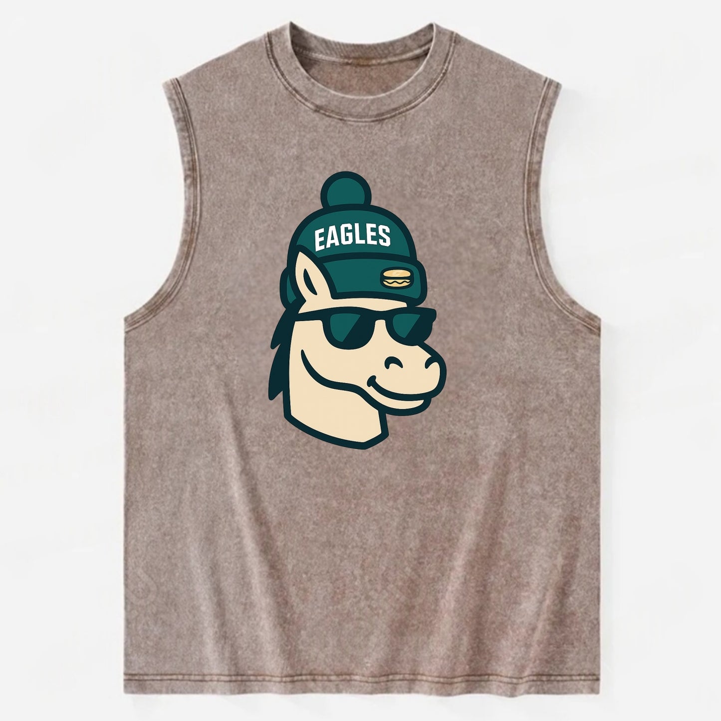 Philadelphia Horse wearing Eagles beanie with cheesesteak patch and wayfarer - Vintage Washed Tank - Brown