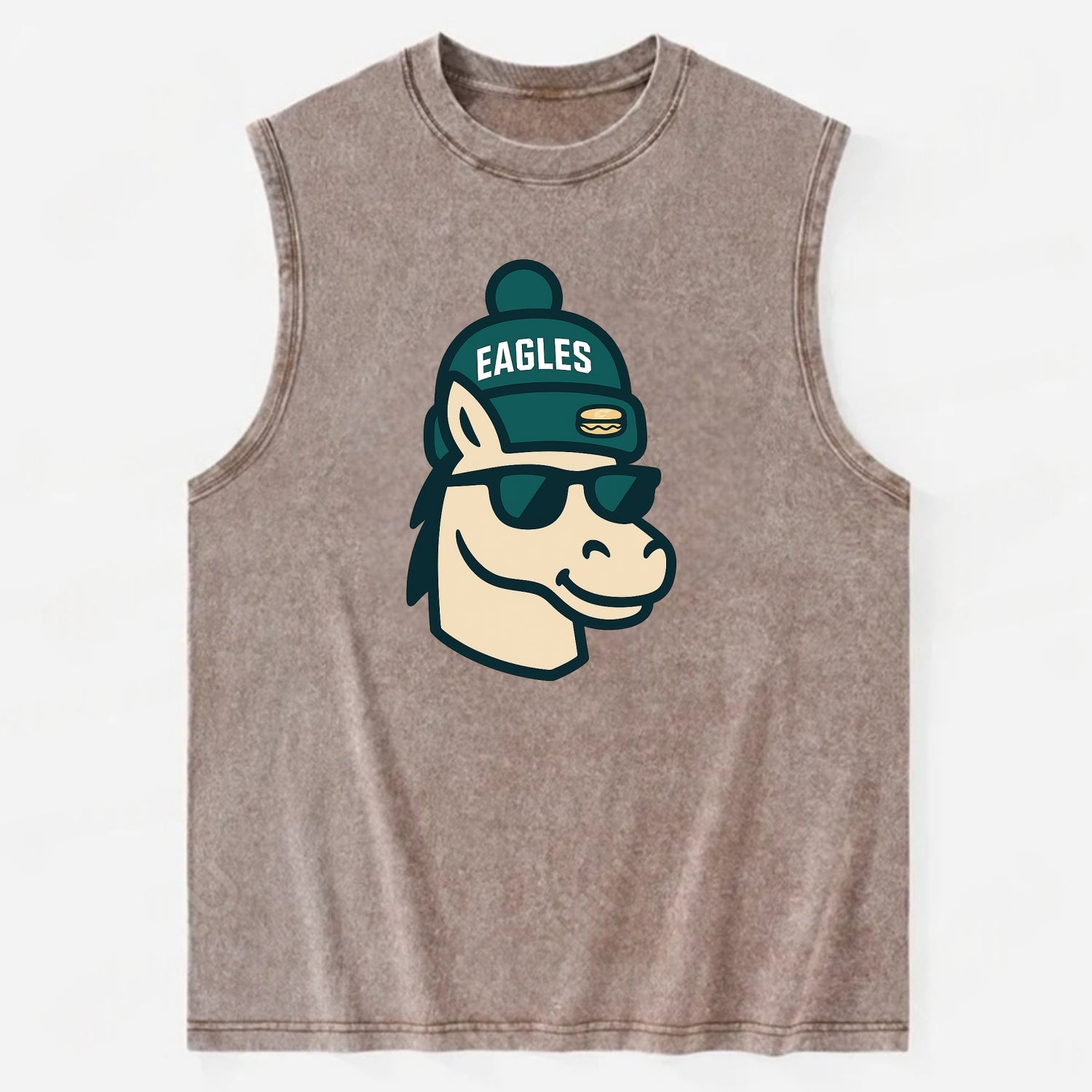 Philadelphia Horse wearing Eagles beanie with cheesesteak patch and wayfarer - Vintage Washed Tank - Brown