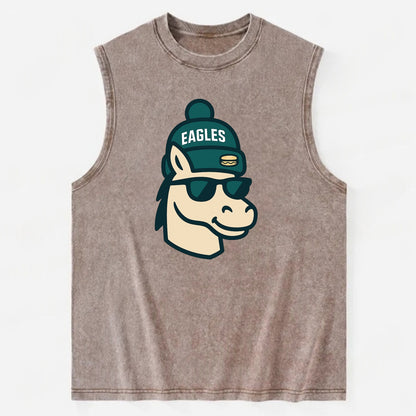 Philadelphia Horse wearing Eagles beanie with cheesesteak patch and wayfarer - Vintage Washed Tank - Brown