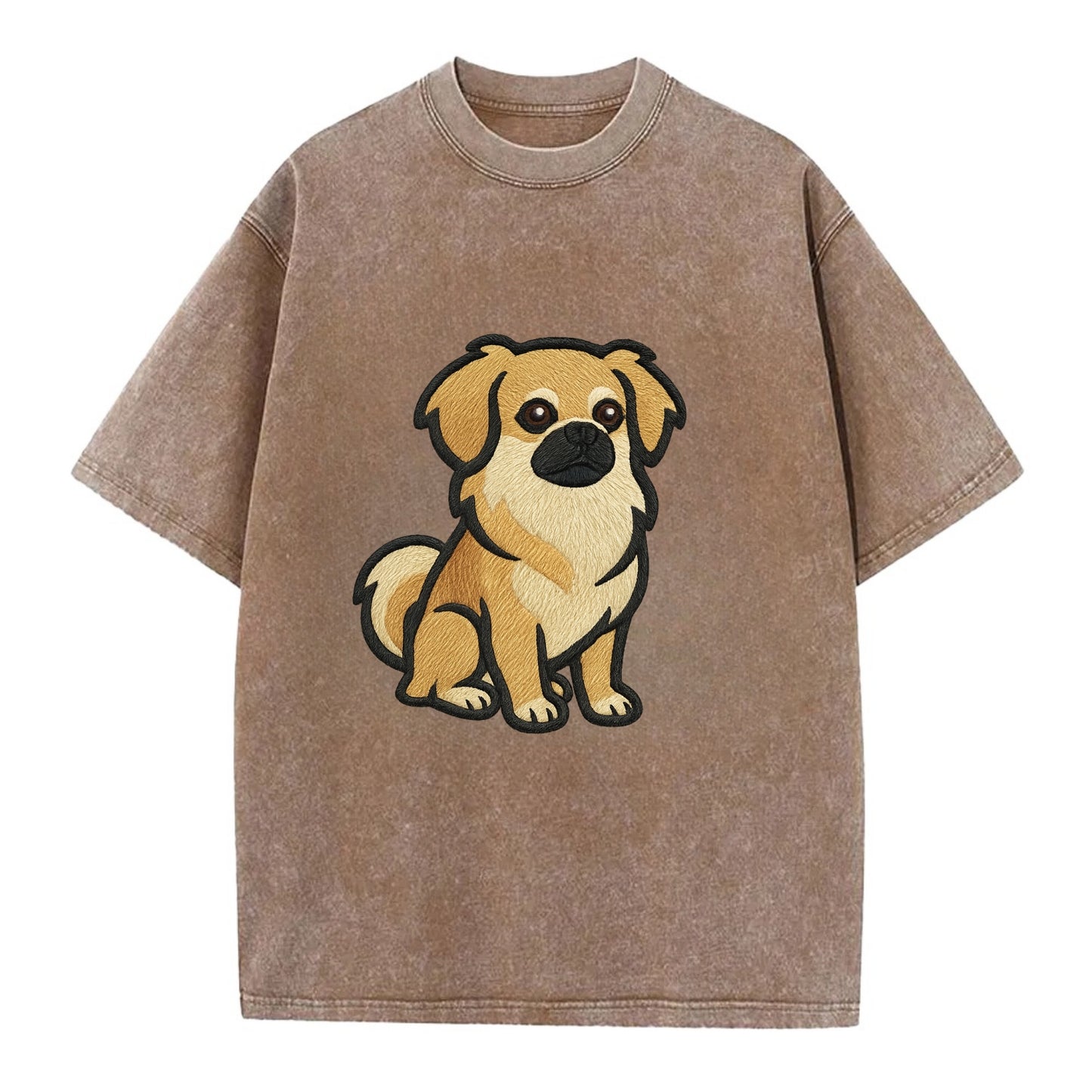 Tibetan Spaniel - Fawn small dog embroidered design - Vintage T-shirt - Brown