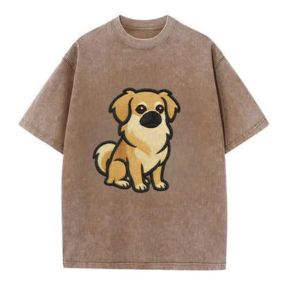 Tibetan Spaniel - Fawn small dog embroidered design - Vintage T-shirt - Brown