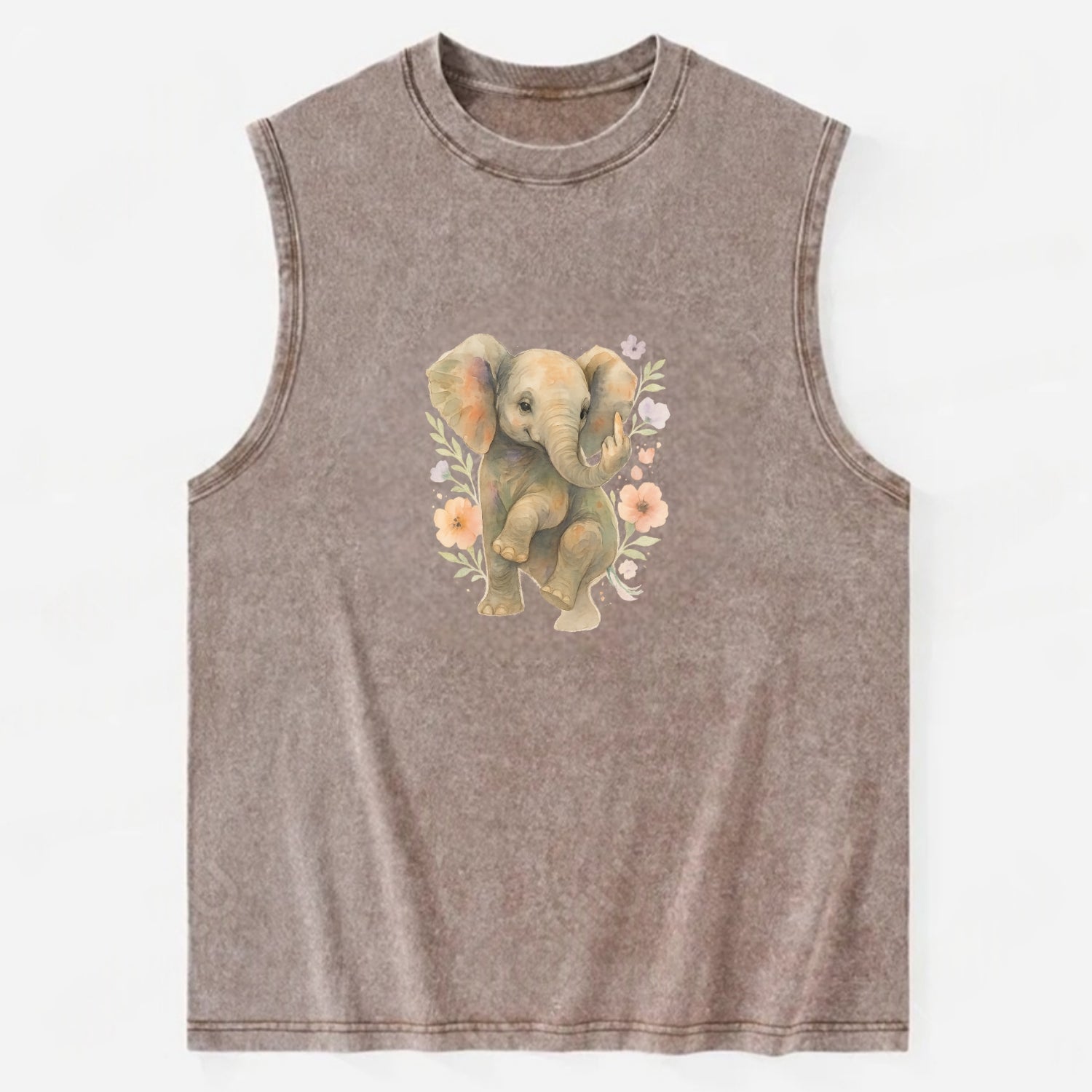 baby elephant with trunk up, one foot raised with middle toe extended - Vintage Washed Tank - Brown