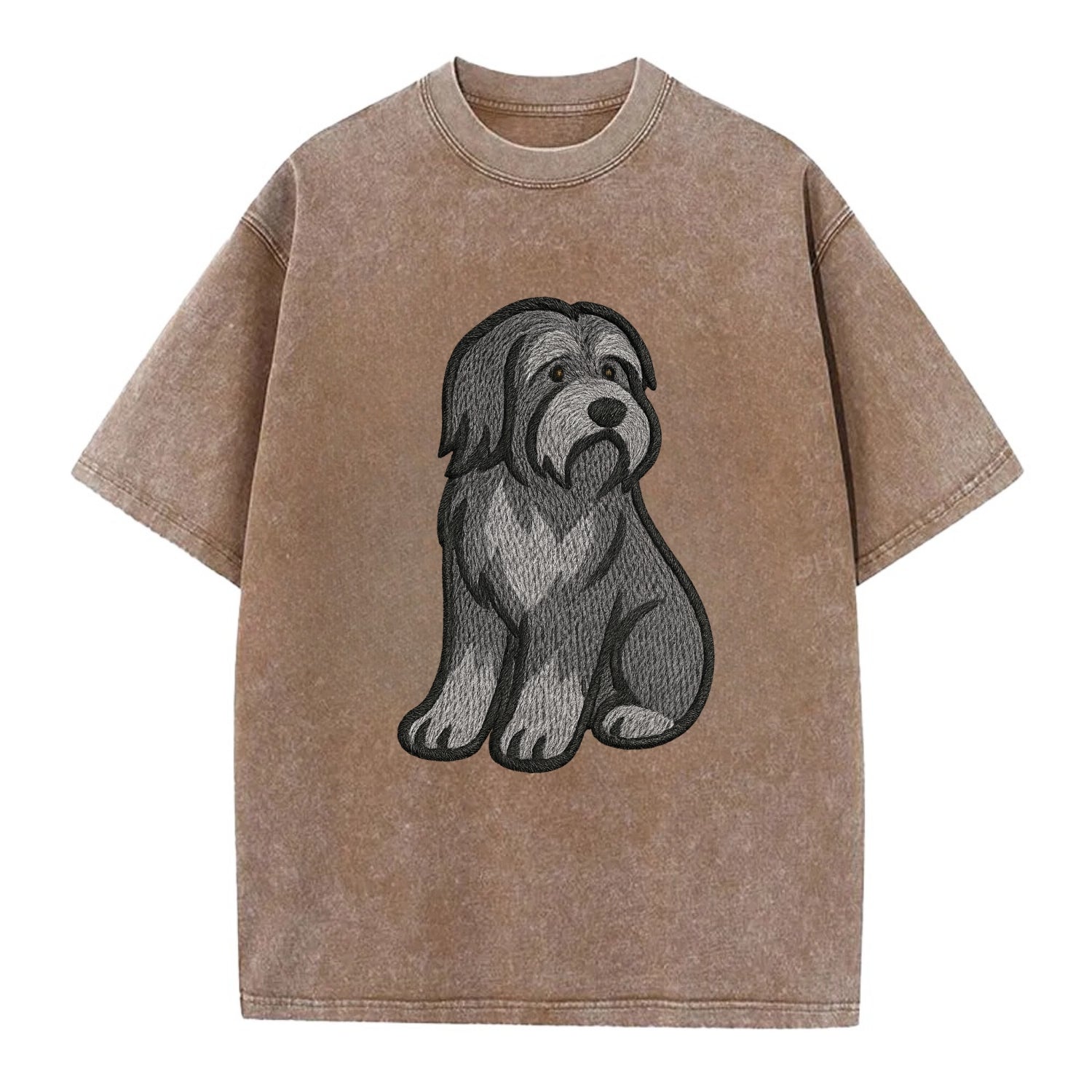 Bearded Collie - Gray shaggy coat embroidered pose - Vintage T-shirt - Brown