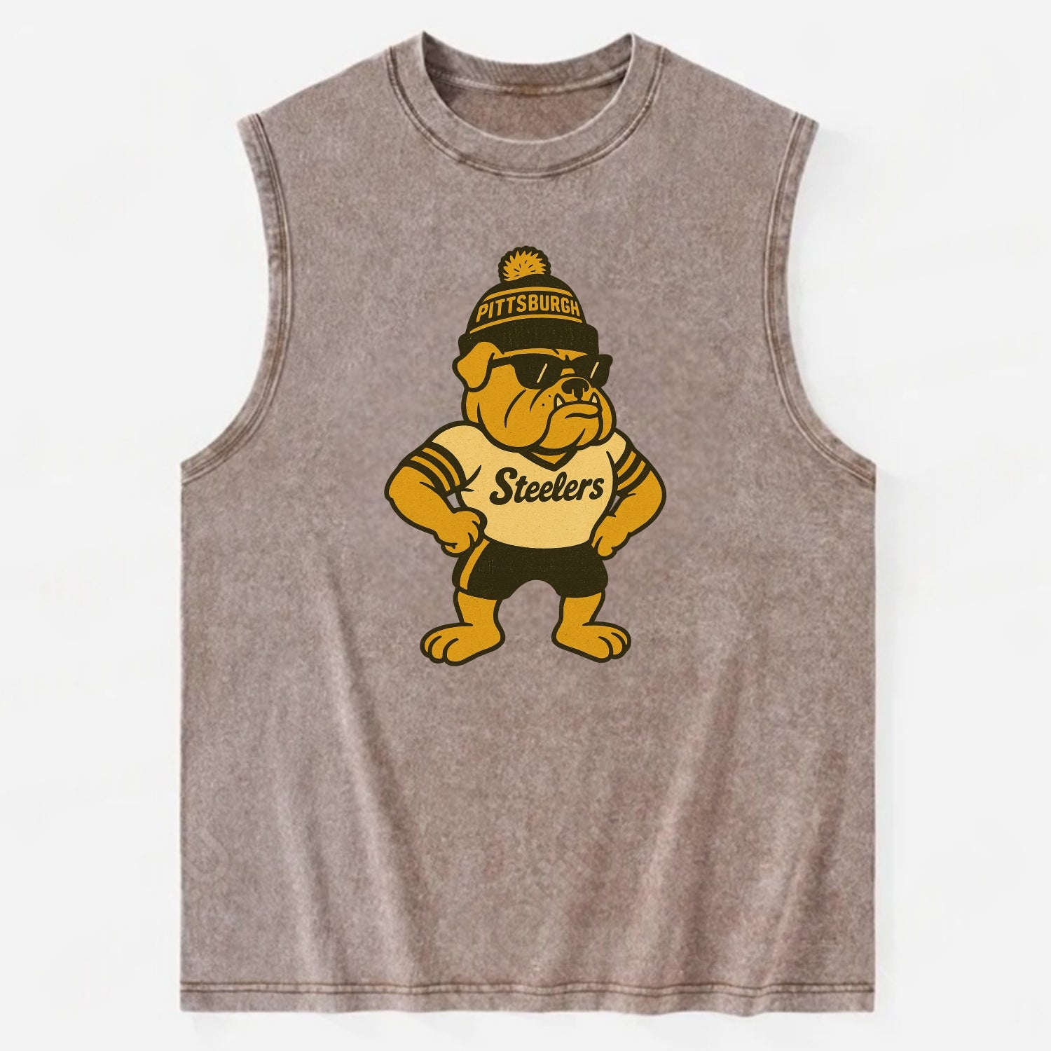 Pittsburgh Bulldog wearing Steelers black and gold beanie with pom pom and - Vintage Washed Tank - Brown